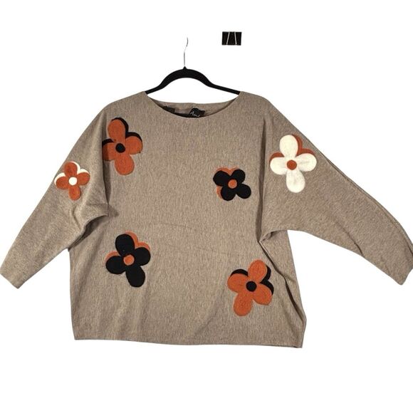 AAEDA Hazelnut Tan Dolma Sleeve Sweater Floral Accents  Pullover - Picture 1 of 12